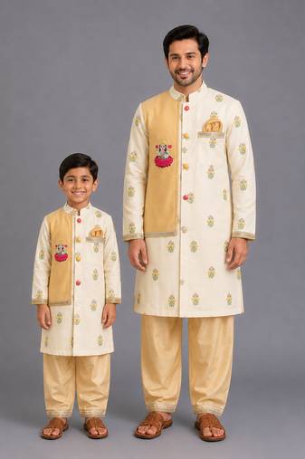 Beige printed cotton silk father son kurta combo set