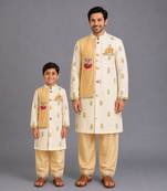 Beige printed cotton silk father son kurta combo set