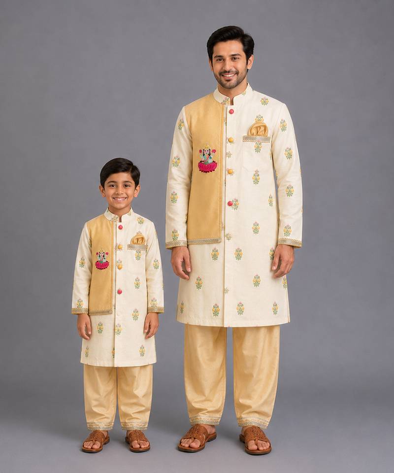 Beige printed cotton silk father son kurta combo set