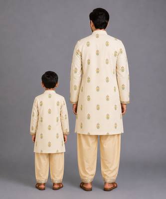 Beige printed cotton silk father son kurta combo set 2