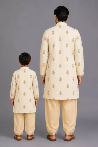 Beige printed cotton silk father son kurta combo set