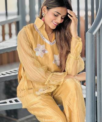 Mustard yellow embroidered co-ord set for women 3