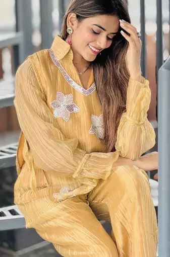 Mustard yellow embroidered co-ord set for women