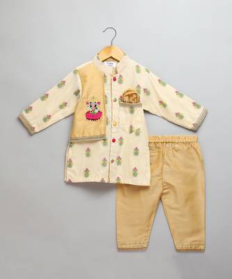 Beige printed cotton silk father son kurta combo set 3