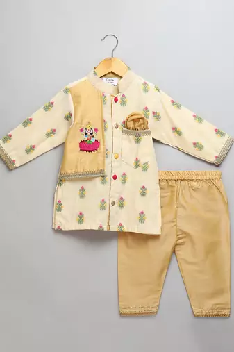 Beige printed cotton silk father son kurta combo set