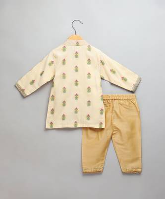 Beige printed cotton silk father son kurta combo set 4