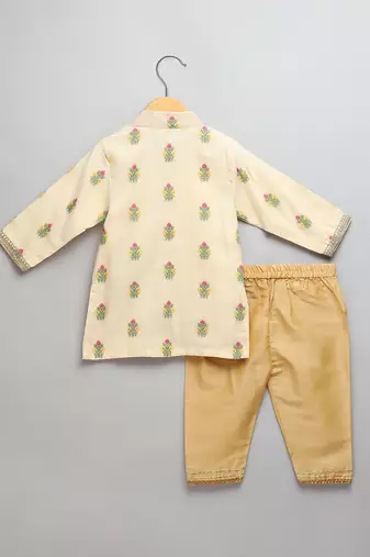 Beige printed cotton silk father son kurta combo set