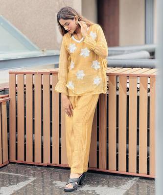 Mustard yellow embroidered co-ord set for women 4