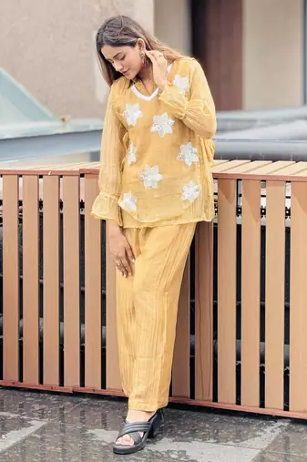 Mustard yellow embroidered co-ord set for women