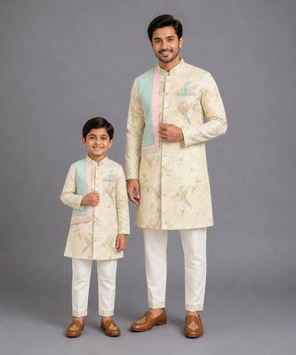 Beige printed cotton silk father son kurta combo set 1