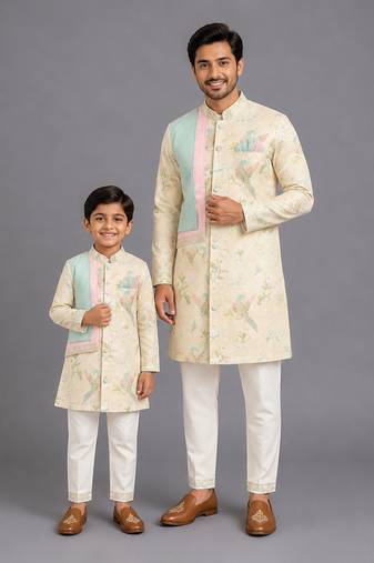 Beige printed cotton silk father son kurta combo set