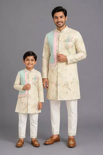 Beige printed cotton silk father son kurta combo set