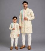 Beige printed cotton silk father son kurta combo set