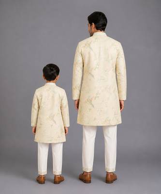 Beige printed cotton silk father son kurta combo set 2