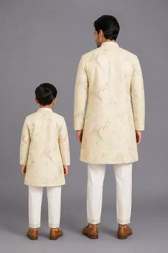 Beige printed cotton silk father son kurta combo set