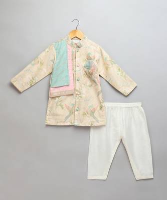 Beige printed cotton silk father son kurta combo set 3
