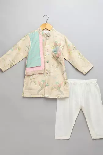 Beige printed cotton silk father son kurta combo set