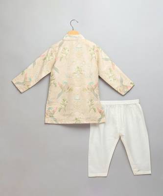Beige printed cotton silk father son kurta combo set 4