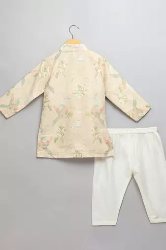 Beige printed cotton silk father son kurta combo set
