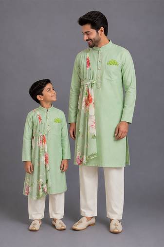 Mint green cotton silk father son kurta combo set