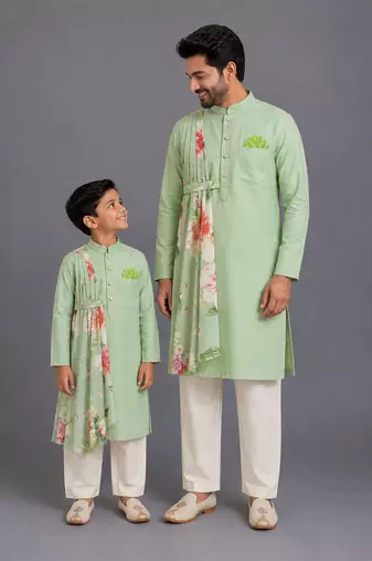 Mint green cotton silk father son kurta combo set