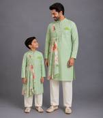 Mint green cotton silk father son kurta combo set