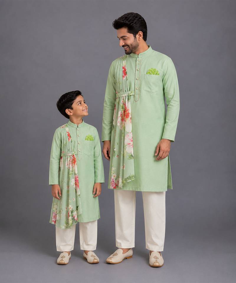 Mint green cotton silk father son kurta combo set