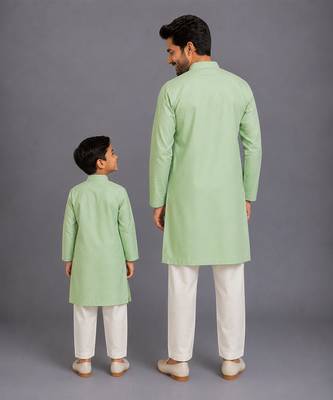 Mint green cotton silk father son kurta combo set 2