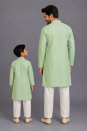 Mint green cotton silk father son kurta combo set