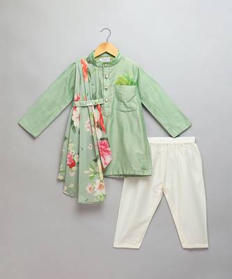 Mint green cotton silk father son kurta combo set 3