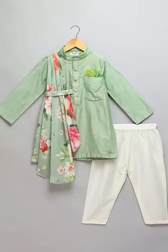 Mint green cotton silk father son kurta combo set