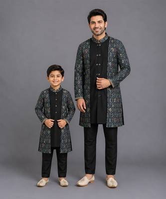 Black printed cotton silk father son kurta combo set 1