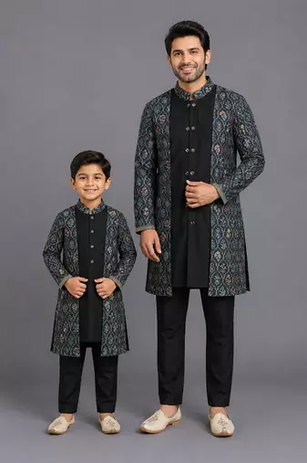 Black printed cotton silk father son kurta combo set