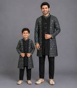 Black printed cotton silk father son kurta combo set