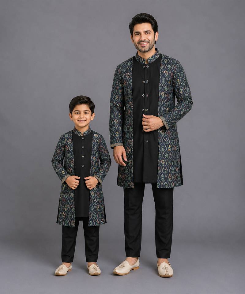 Black printed cotton silk father son kurta combo set