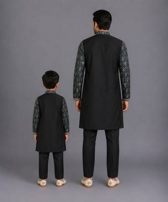 Black printed cotton silk father son kurta combo set 2