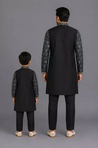 Black printed cotton silk father son kurta combo set