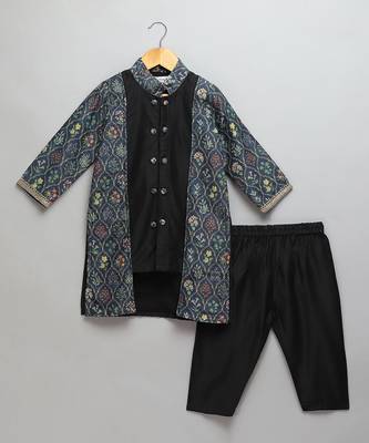 Black printed cotton silk father son kurta combo set 3