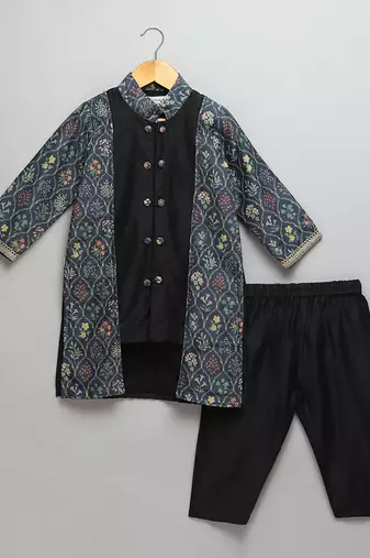 Black printed cotton silk father son kurta combo set