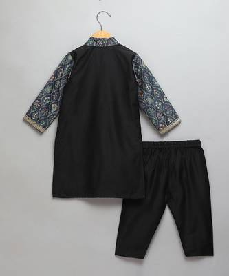 Black printed cotton silk father son kurta combo set 4