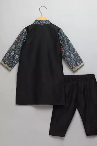 Black printed cotton silk father son kurta combo set
