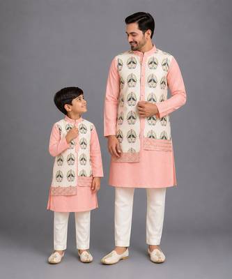 Peach printed cotton silk father son kurta combo set 1