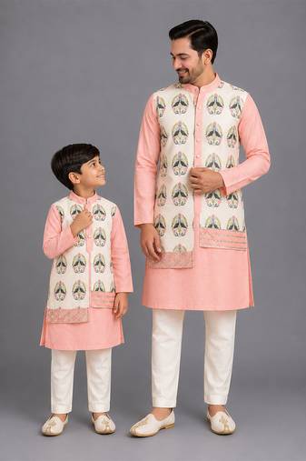 Peach printed cotton silk father son kurta combo set