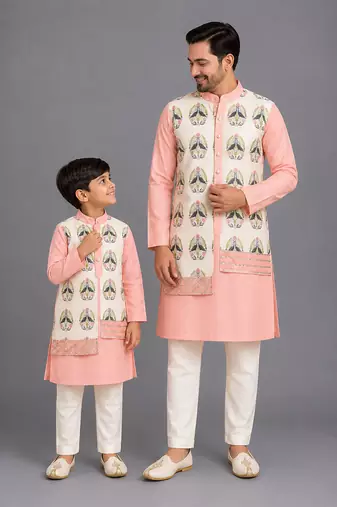 Peach printed cotton silk father son kurta combo set