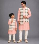 Peach printed cotton silk father son kurta combo set