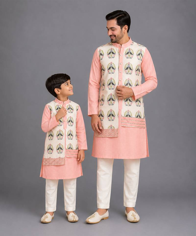 Peach printed cotton silk father son kurta combo set