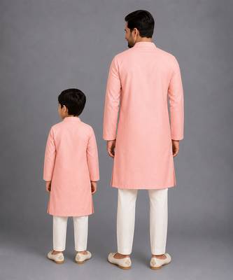 Peach printed cotton silk father son kurta combo set 2