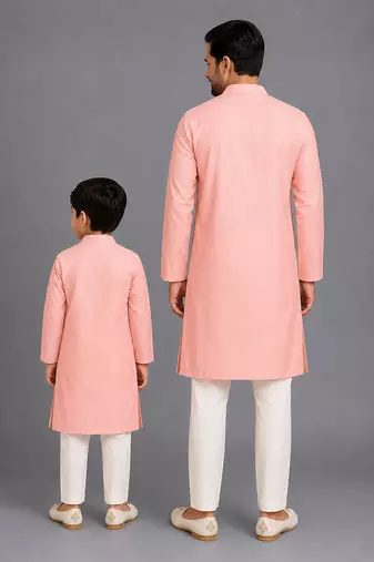 Peach printed cotton silk father son kurta combo set