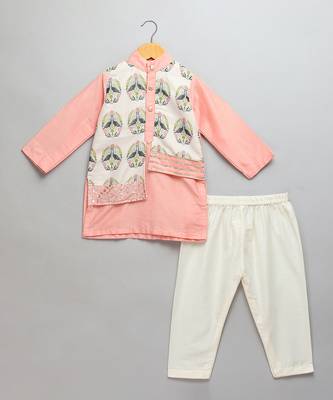 Peach printed cotton silk father son kurta combo set 3
