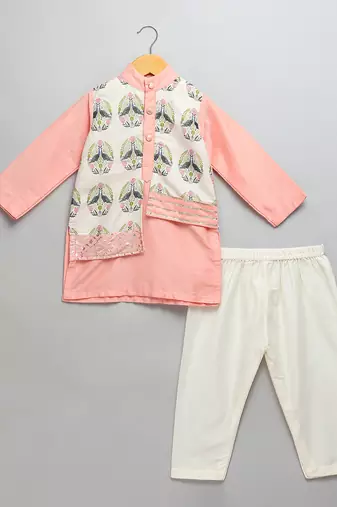 Peach printed cotton silk father son kurta combo set